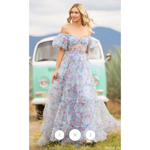 Sherri Hill Light Blue Tulle Floral Printed Prom/Pageant Dress - Picture 4 of 11